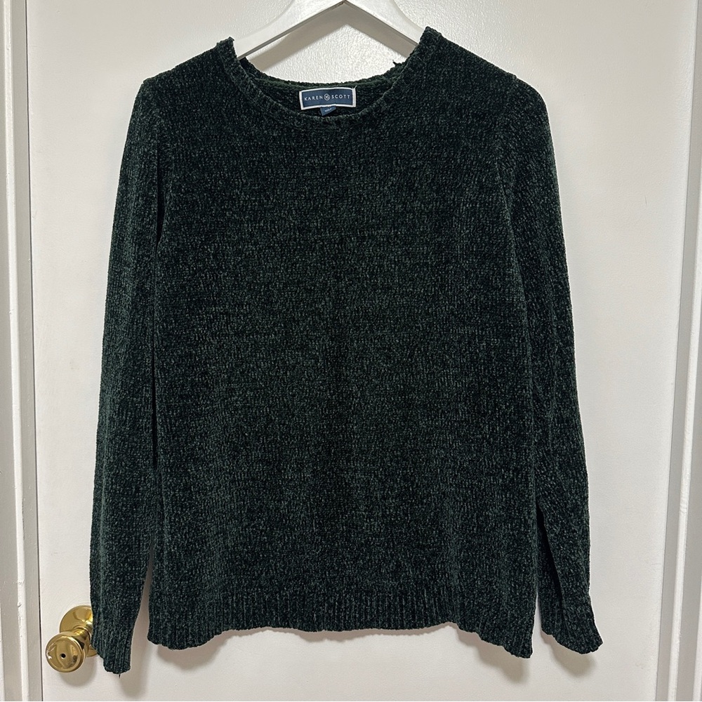Karen Scott Crewneck Chenille Sweater Green Soft Women Size L - Picture 2 of 5